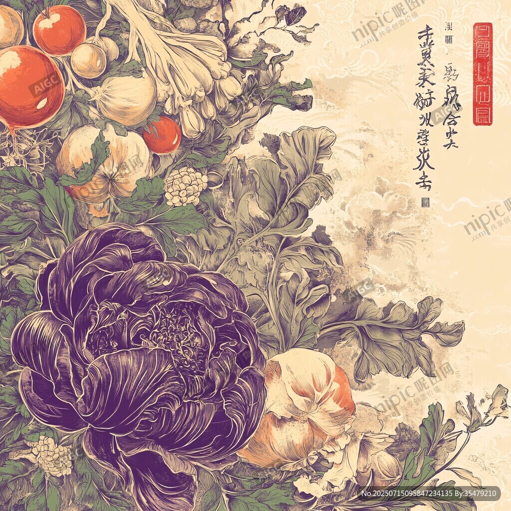 中式花卉蔬果復(fù)古插畫