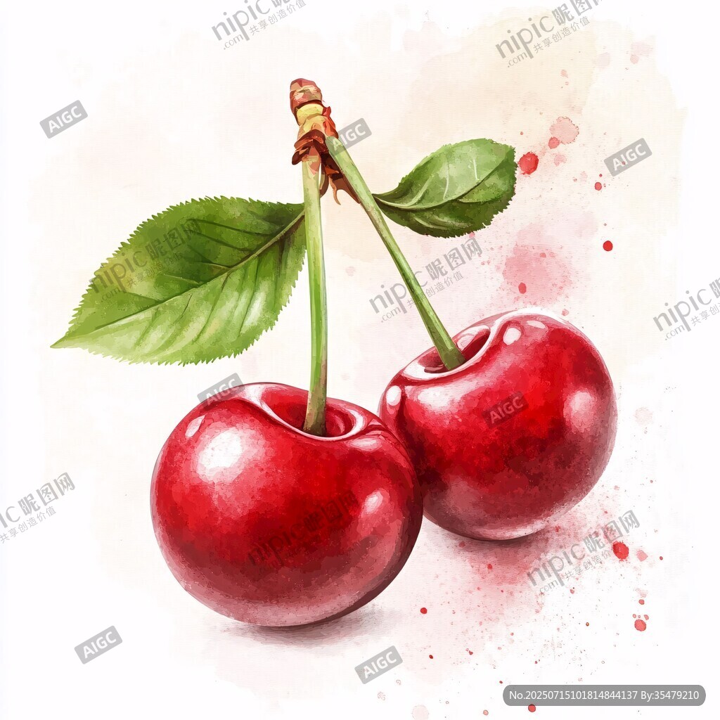 水彩畫中的兩顆鮮紅櫻桃