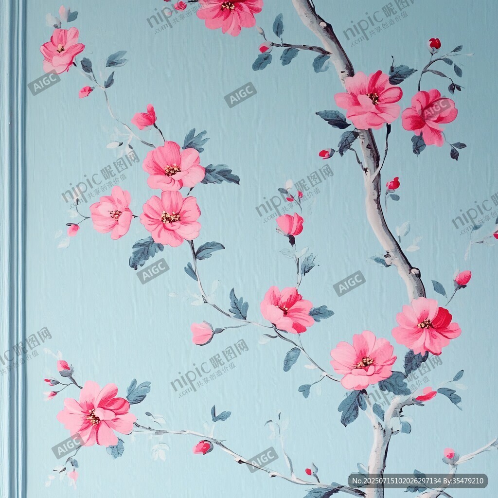 淺藍(lán)色墻面上的粉色花卉