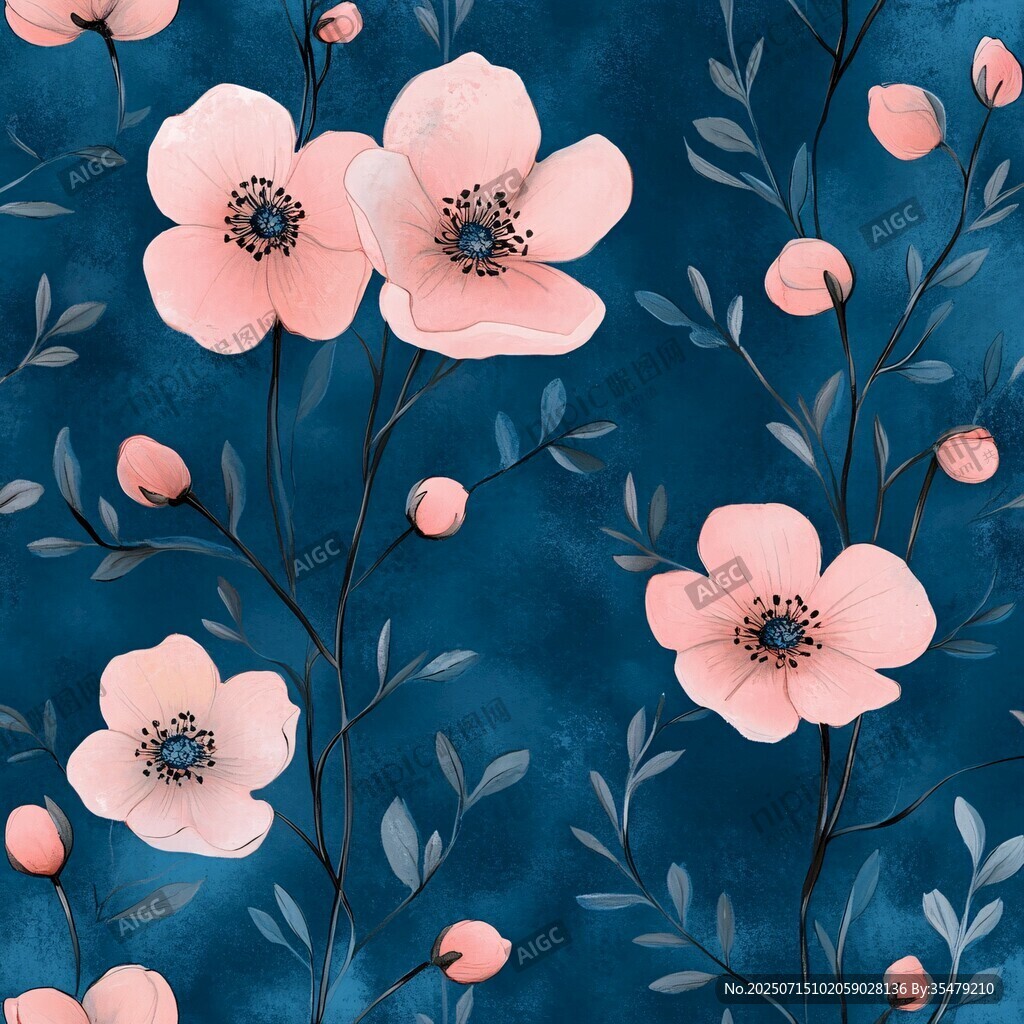 藍(lán)色背景粉色花卉圖案