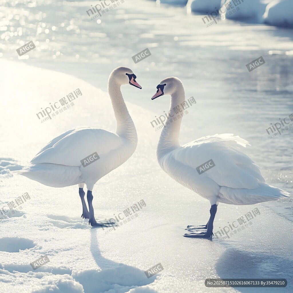 雪地中親昵的兩只白天鵝