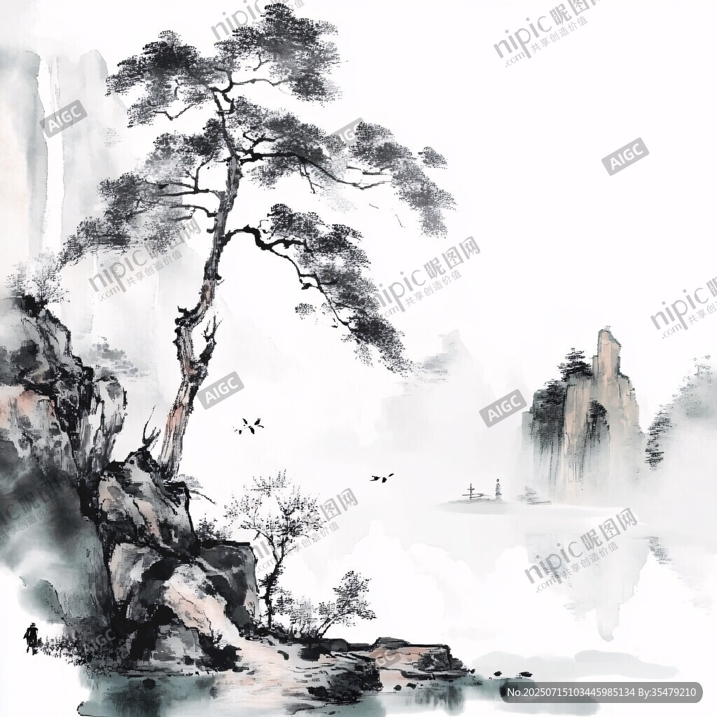 水墨孤松山水意境圖