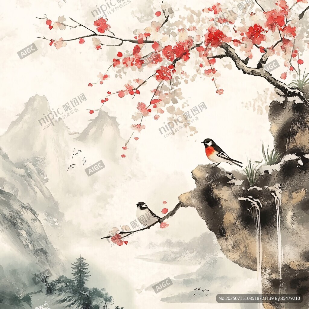 紅梅枝頭雙鳥(niǎo)倚山景