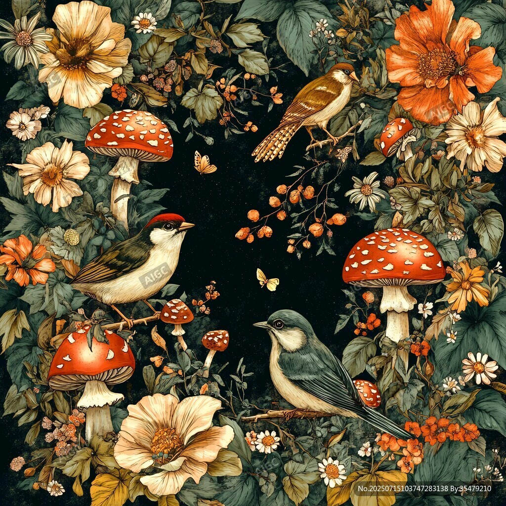 花鳥蘑菇構(gòu)成的奇幻森林圖景