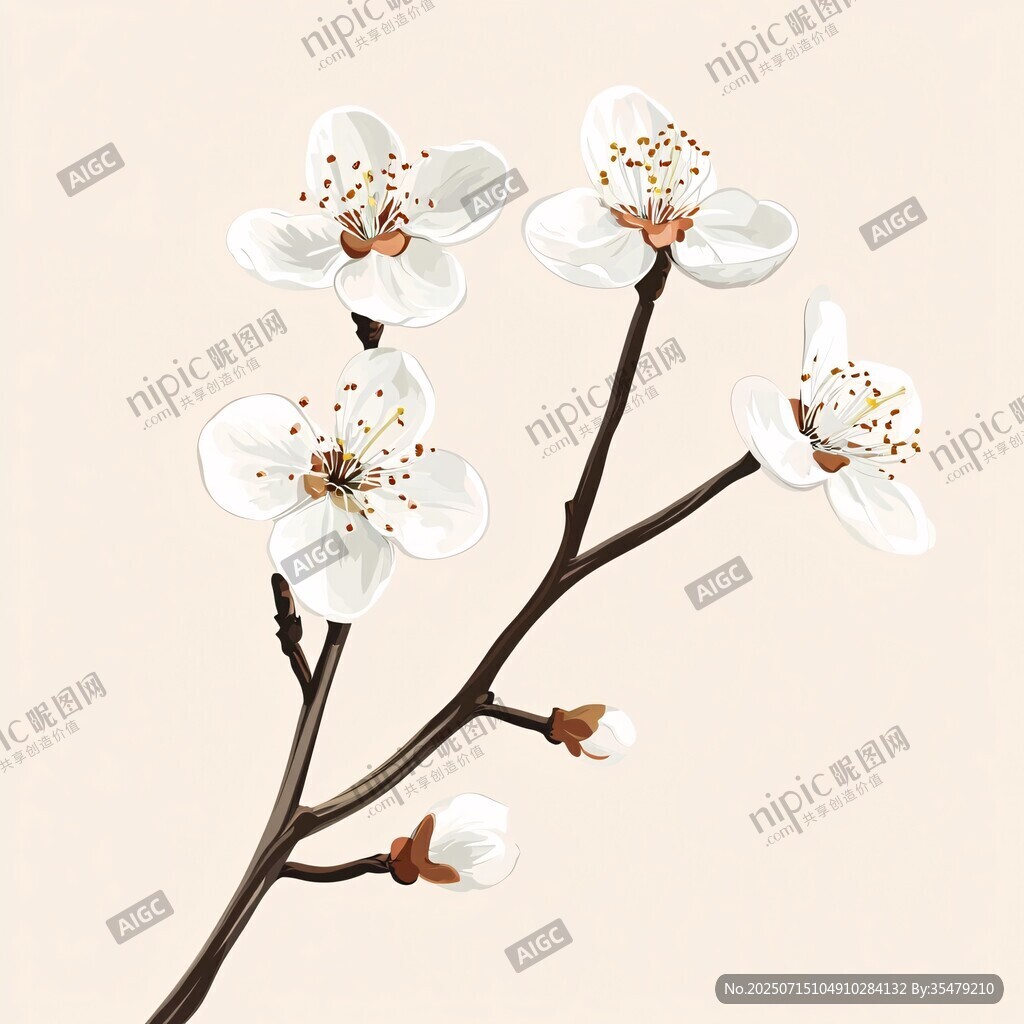 枝頭綻放的素雅白色花朵