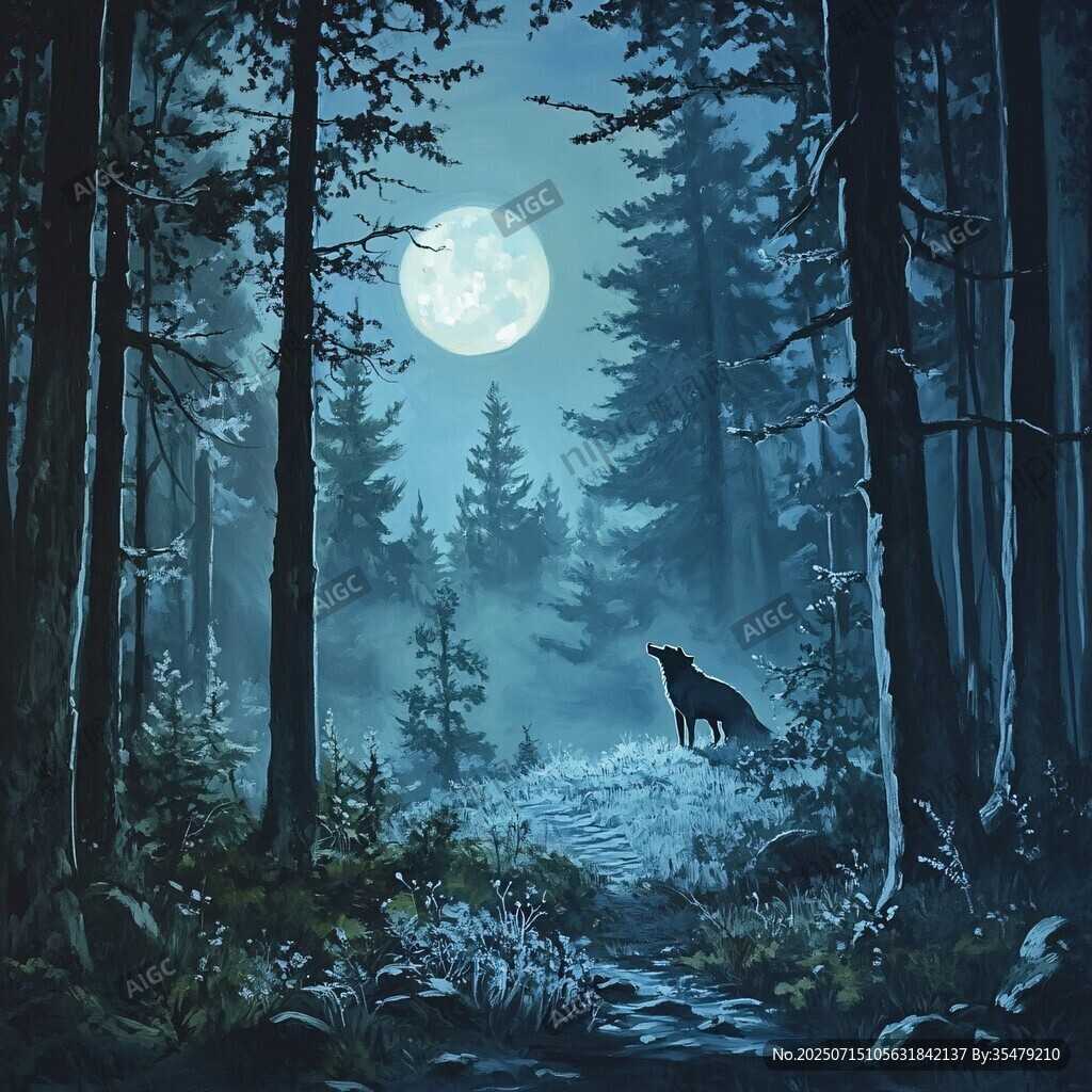 月夜森林中的孤狼