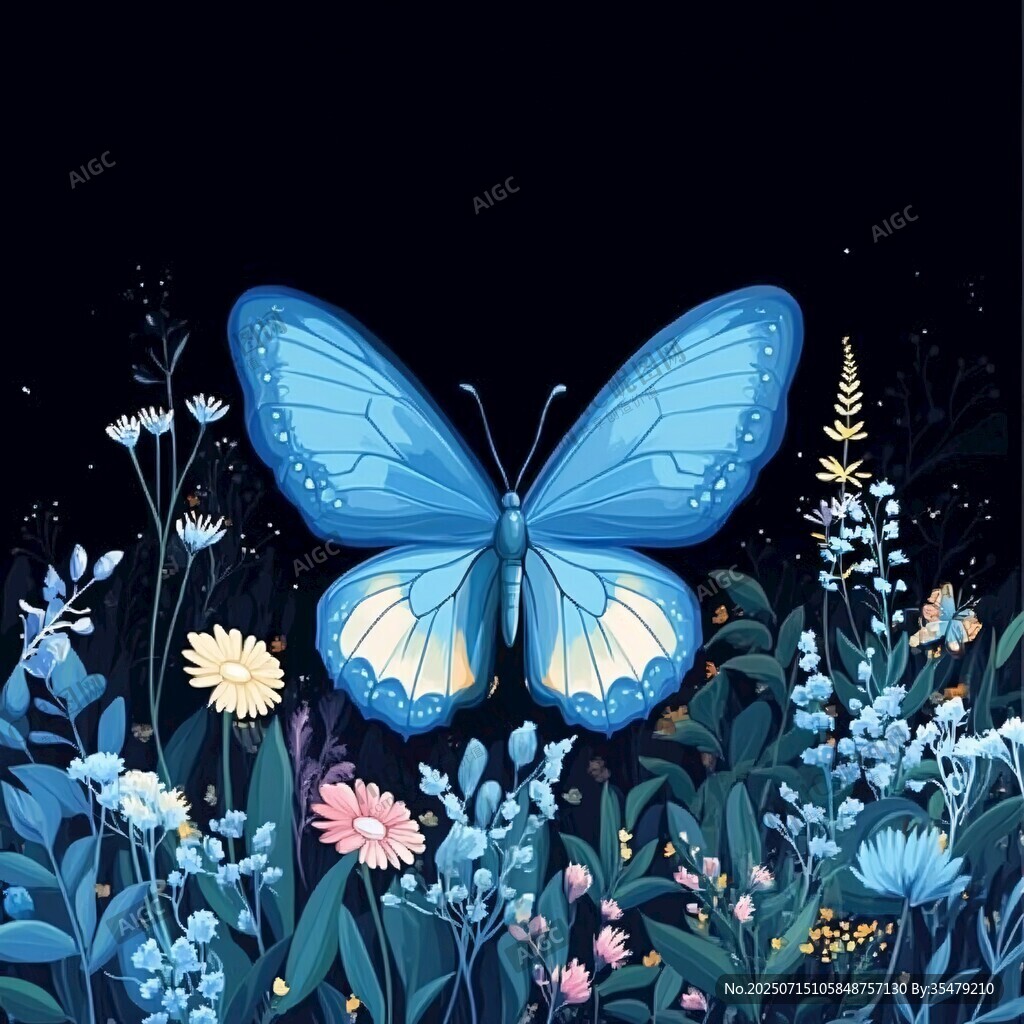 夜中藍蝶舞于繁花之間