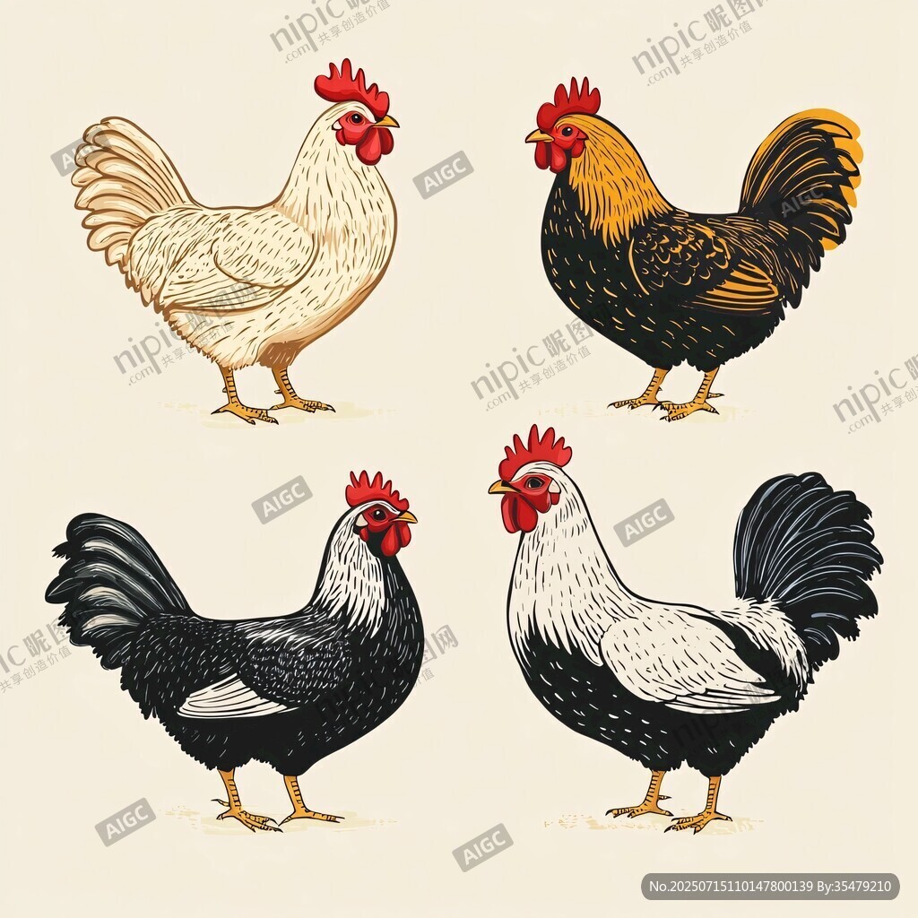 四只色彩各異的公雞插畫