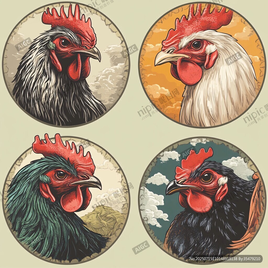 四色公雞頭像插畫集合