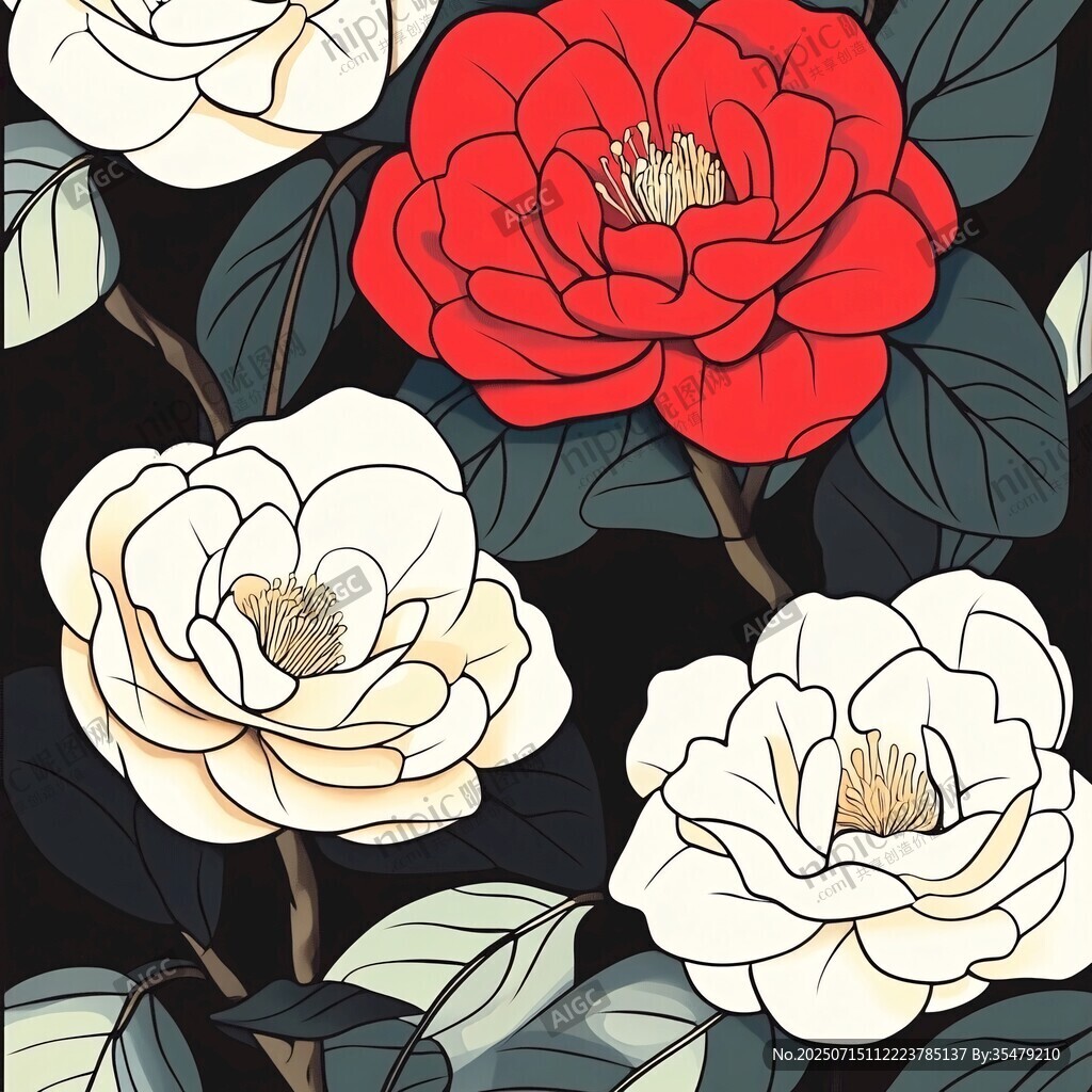 紅白山茶花插畫圖案設計