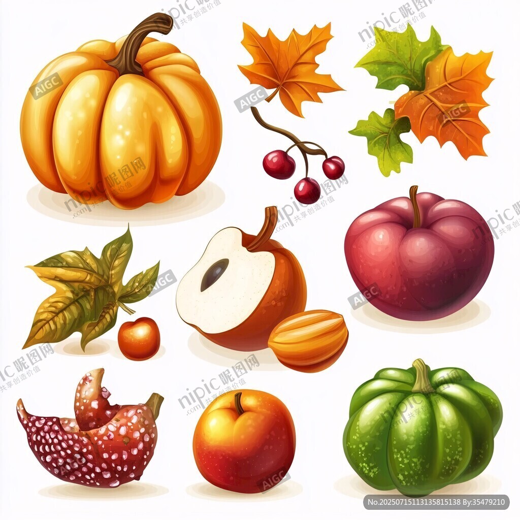 秋季蔬果與落葉插畫集合