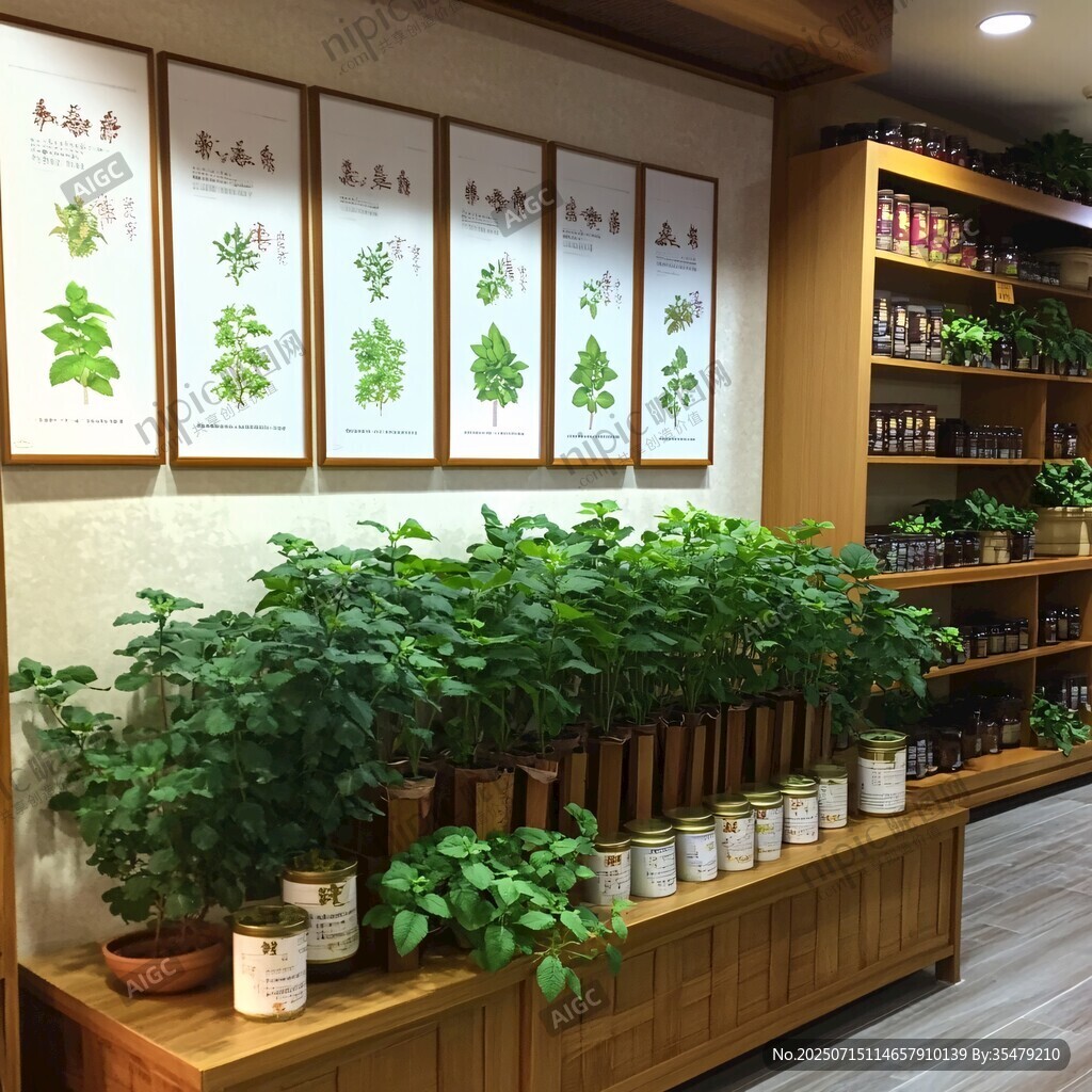 傳統(tǒng)中藥房的綠植與藥材展示