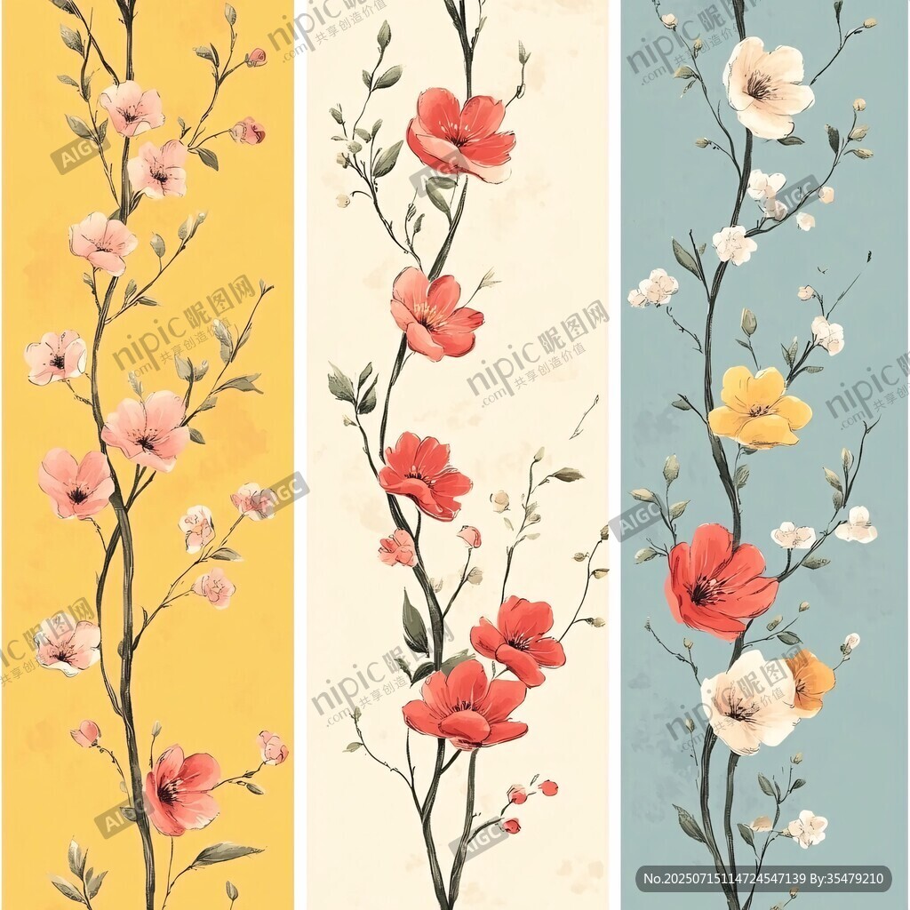 三色花卉豎版圖案插畫