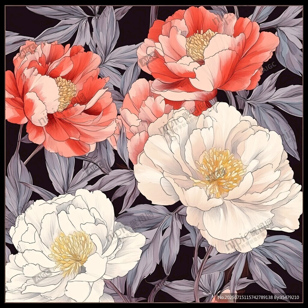 絢麗多彩牡丹花插畫(huà)圖案