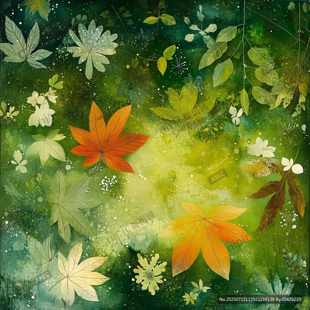 夢(mèng)幻秋葉花卉水彩插畫(huà)