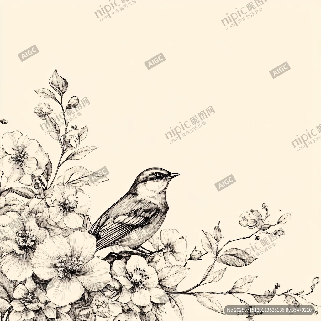 花鳥素描 小鳥棲于繁花間