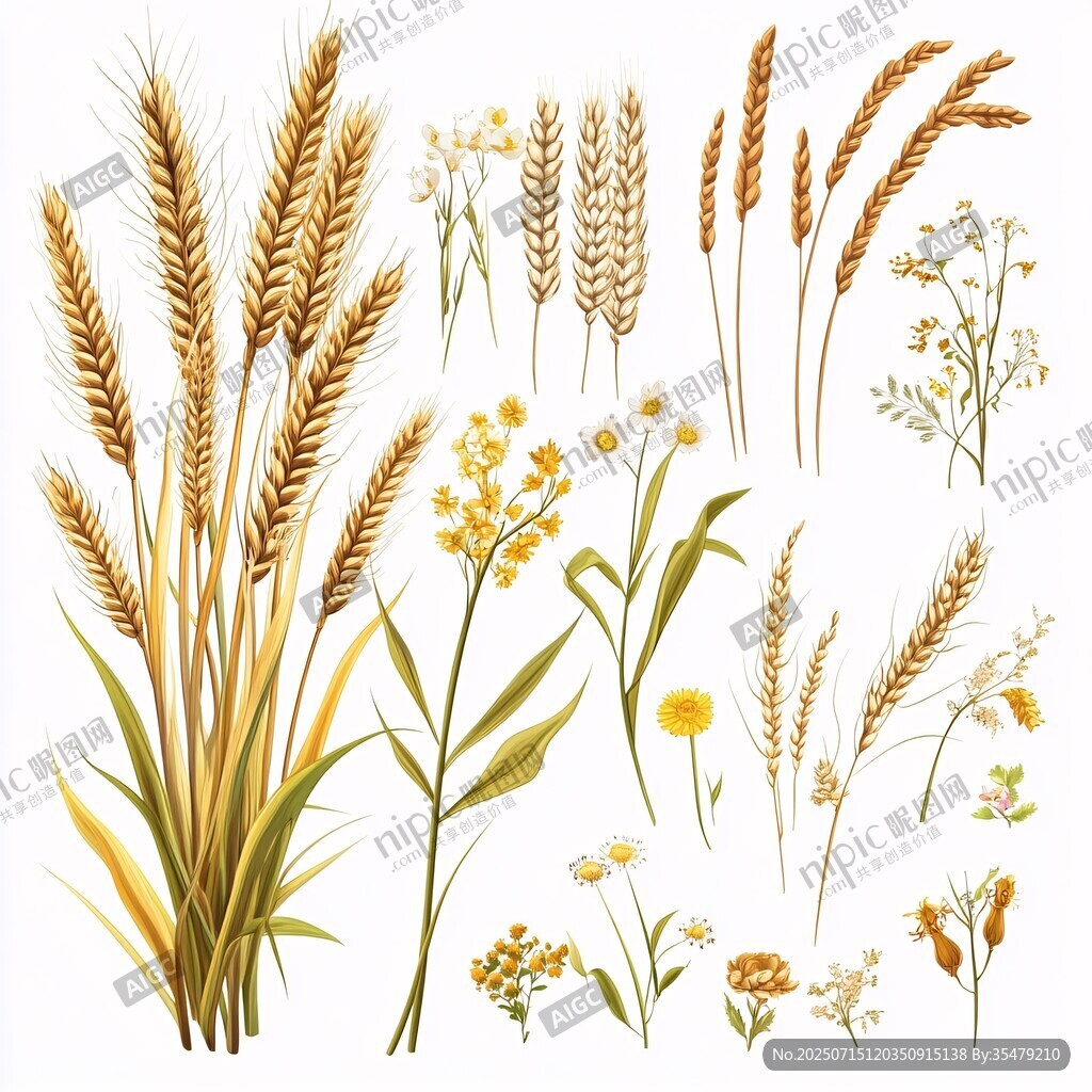 麥穗與野花插畫素材