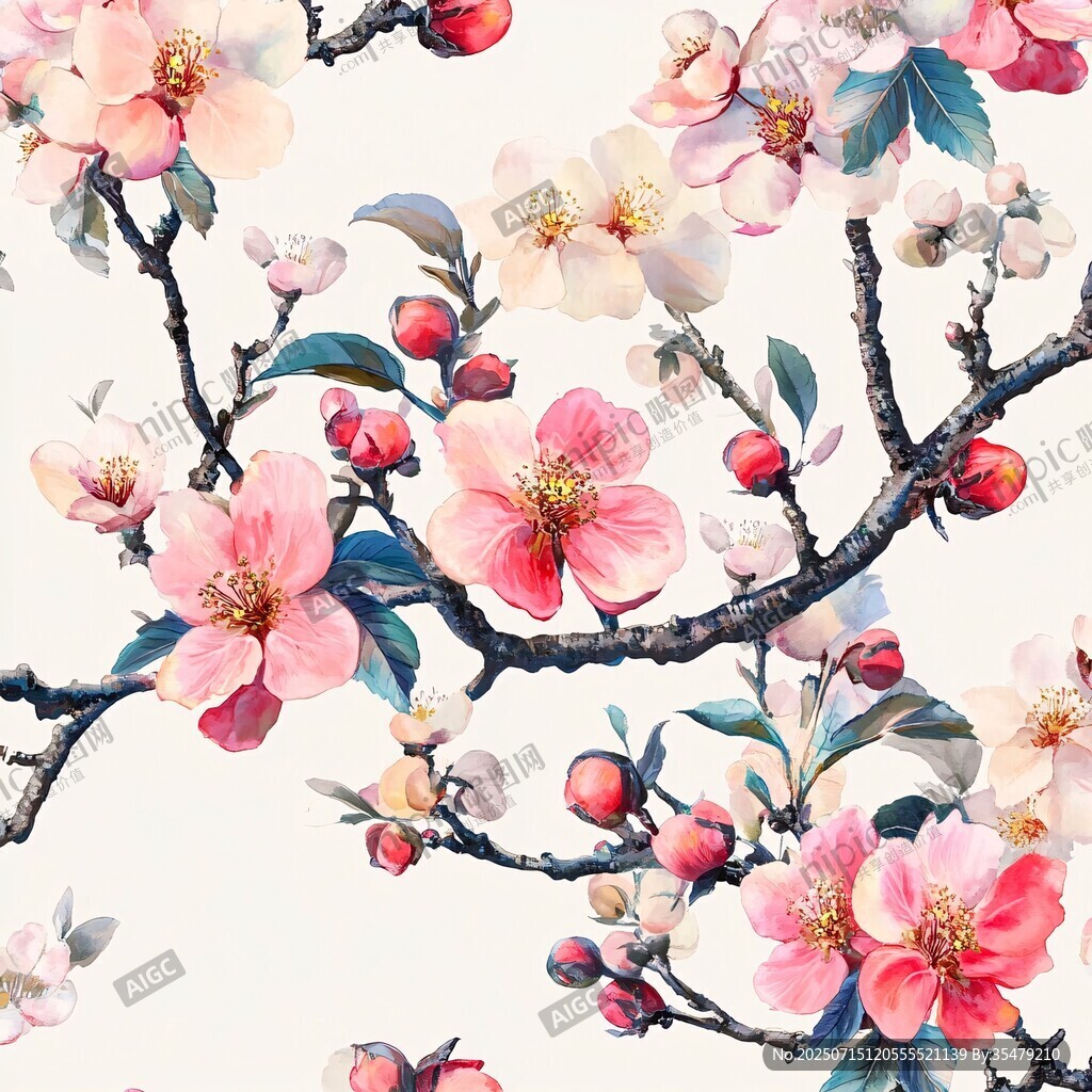 水彩繪繁花滿枝圖