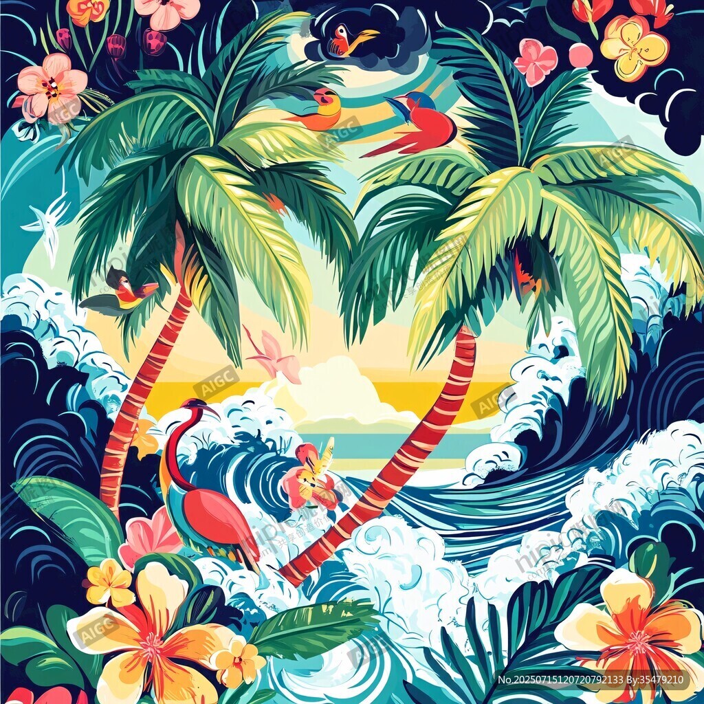 熱帶海濱風光插畫