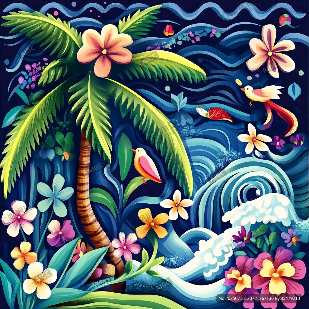 熱帶海濱花卉鳥類夢幻圖景
