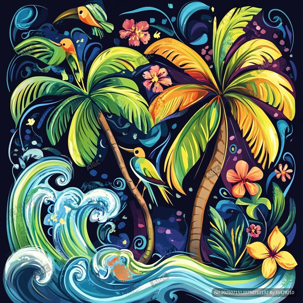 熱帶風(fēng)情插畫 椰樹海浪花鳥