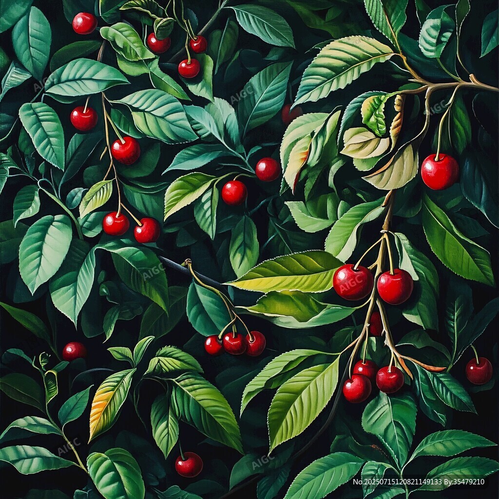 枝頭紅櫻桃綠葉相襯