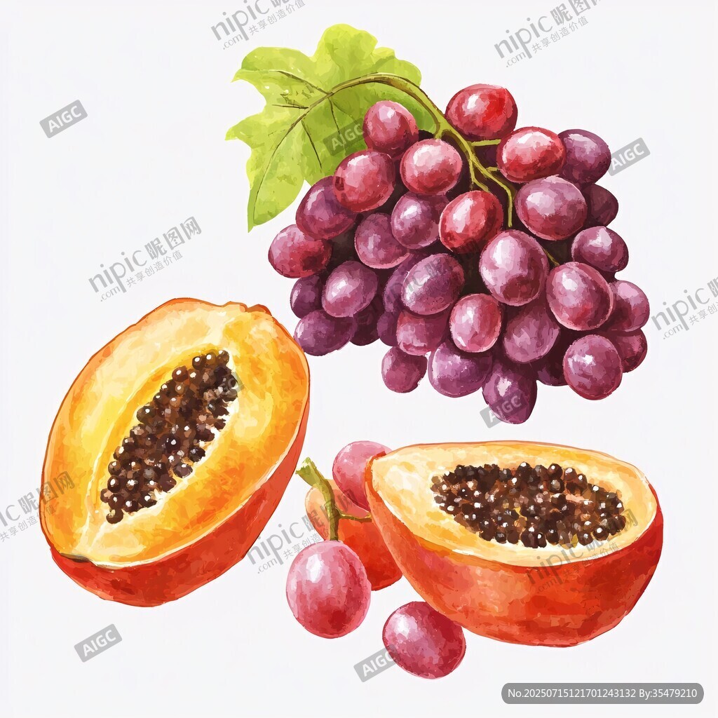 水彩繪木瓜與葡萄水果圖