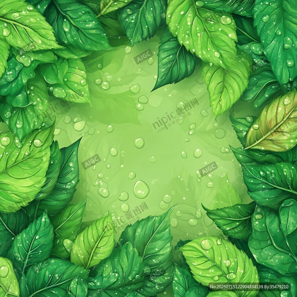 綠葉露珠環(huán)繞的清新背景