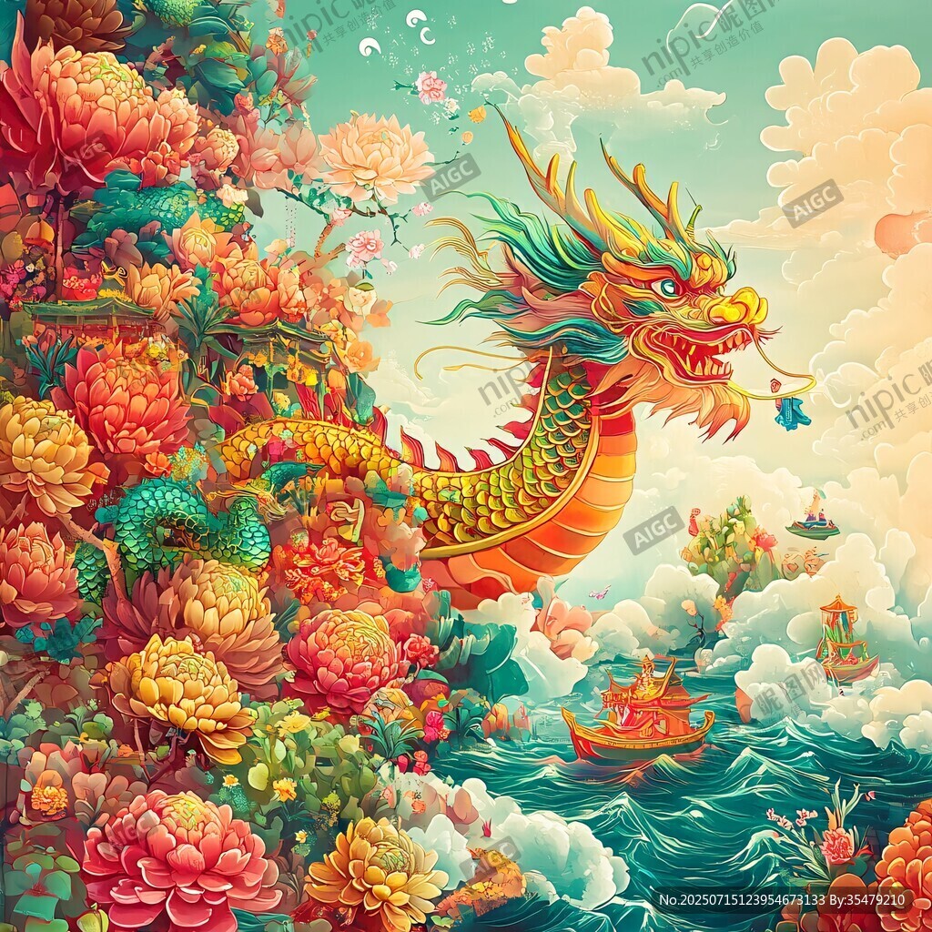 祥龍戲花于碧海藍(lán)天間