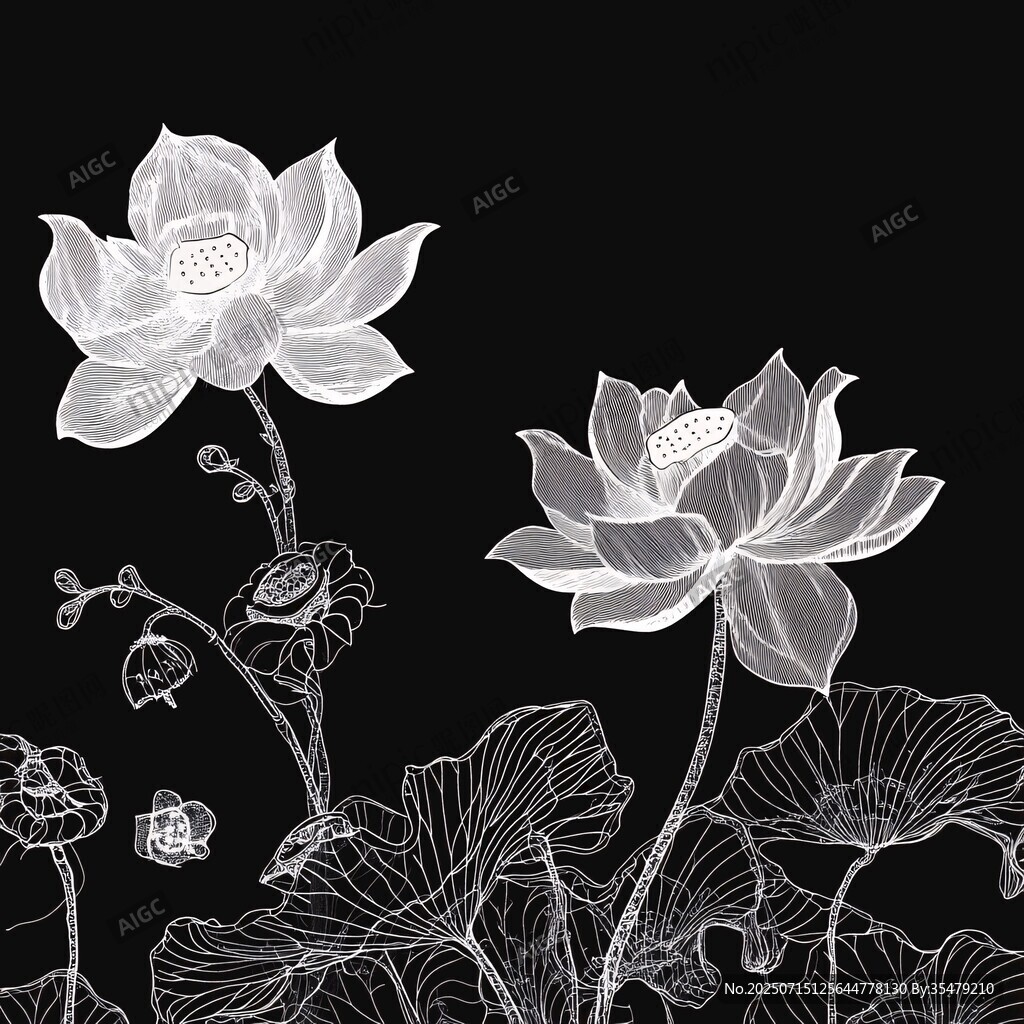 黑白線描荷花優(yōu)雅綻放