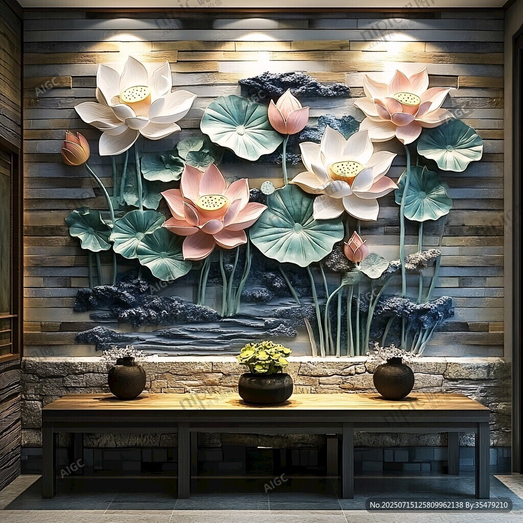 中式荷花浮雕玄關(guān)裝飾墻