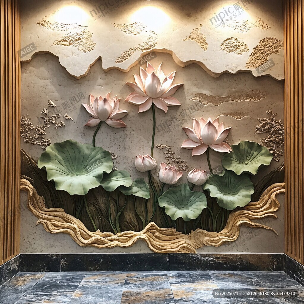 中式浮雕荷花背景墻裝飾