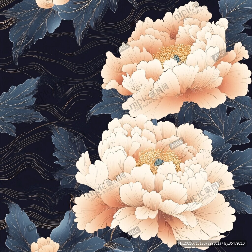墨底金牡丹中式花卉圖案