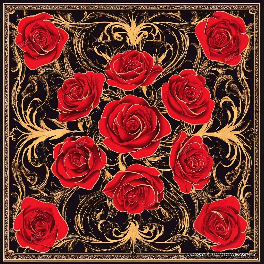紅玫瑰與金色花紋華麗圖案