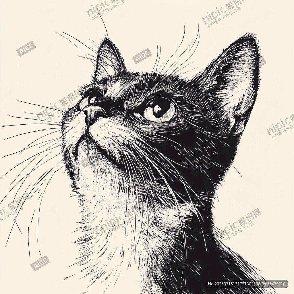 仰望的貓咪黑白插畫