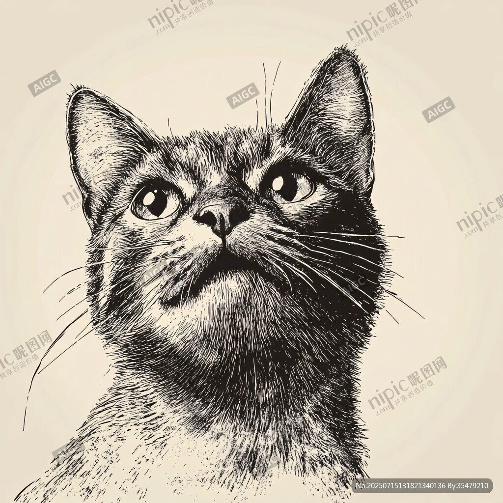 仰頭貓咪黑白插畫