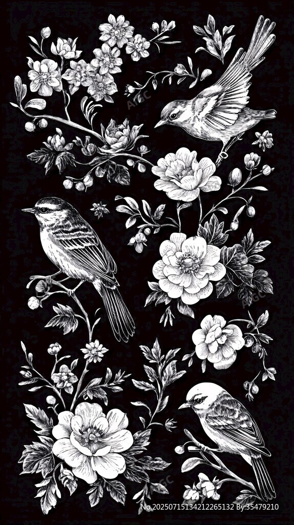 花鳥黑白插畫裝飾素材