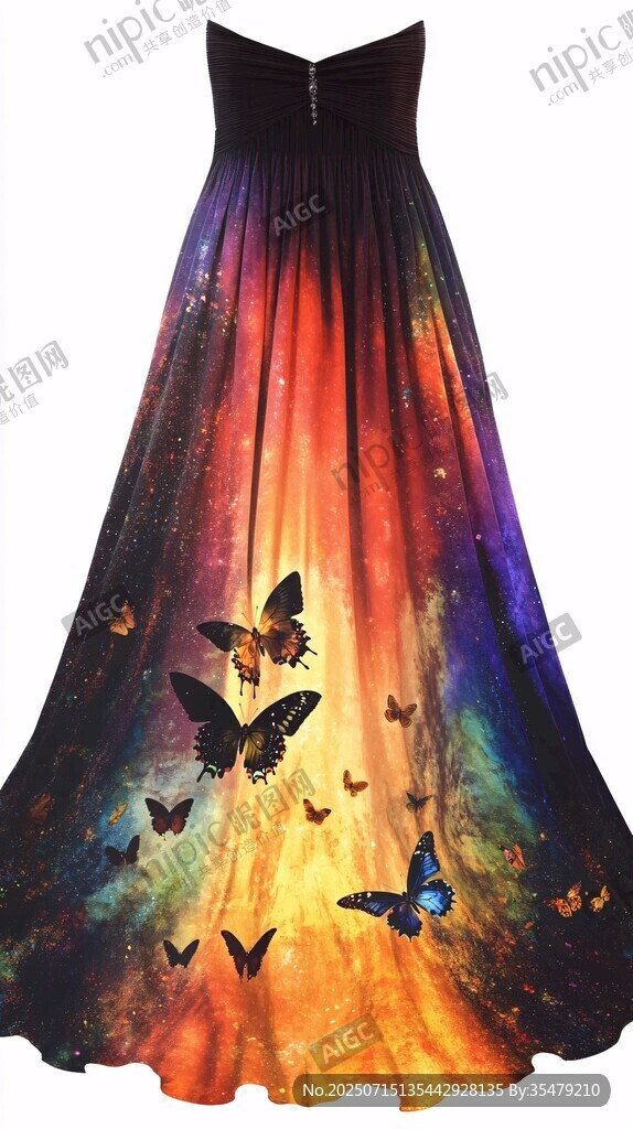 夢(mèng)幻漸變蝴蝶印花長(zhǎng)裙