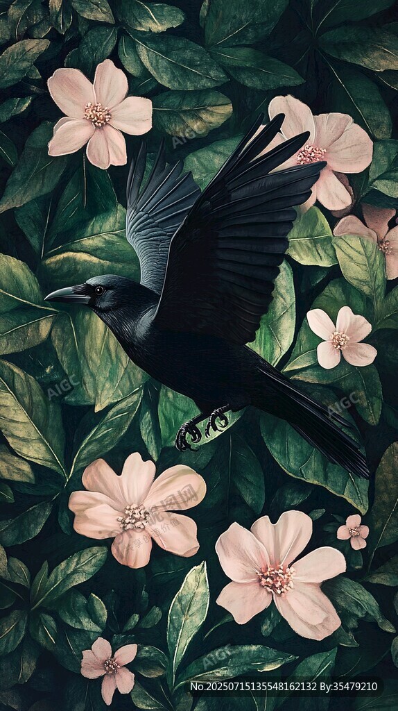 黑鳥(niǎo)翔于繁花綠葉間