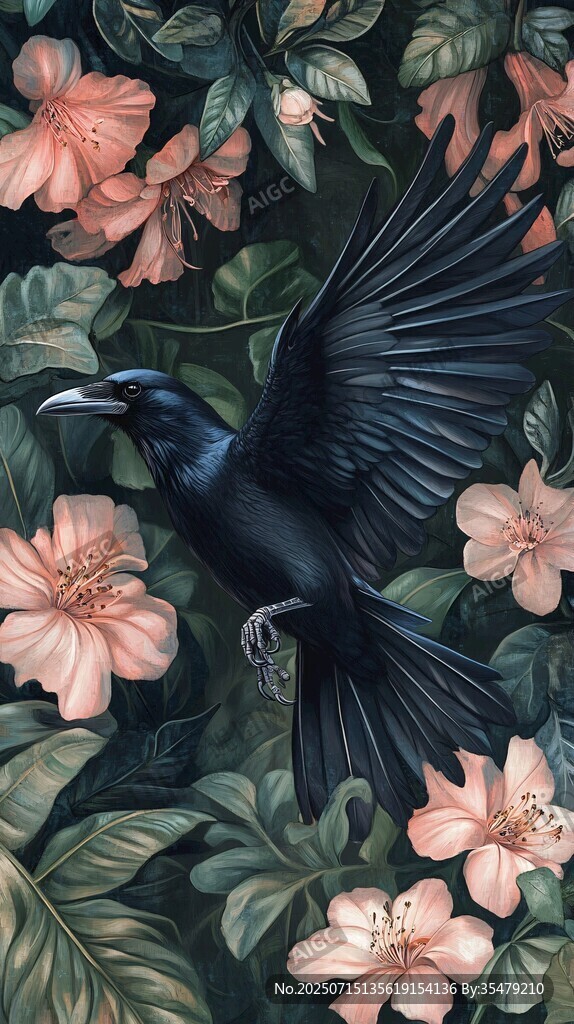 花叢中展翅的黑鳥
