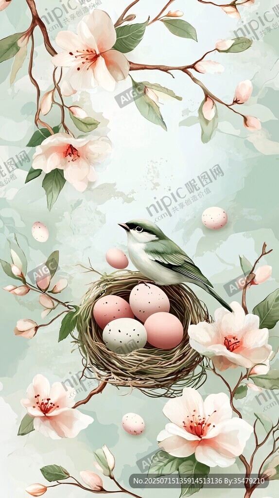 春日花鳥 巢中蛋與綻放花朵
