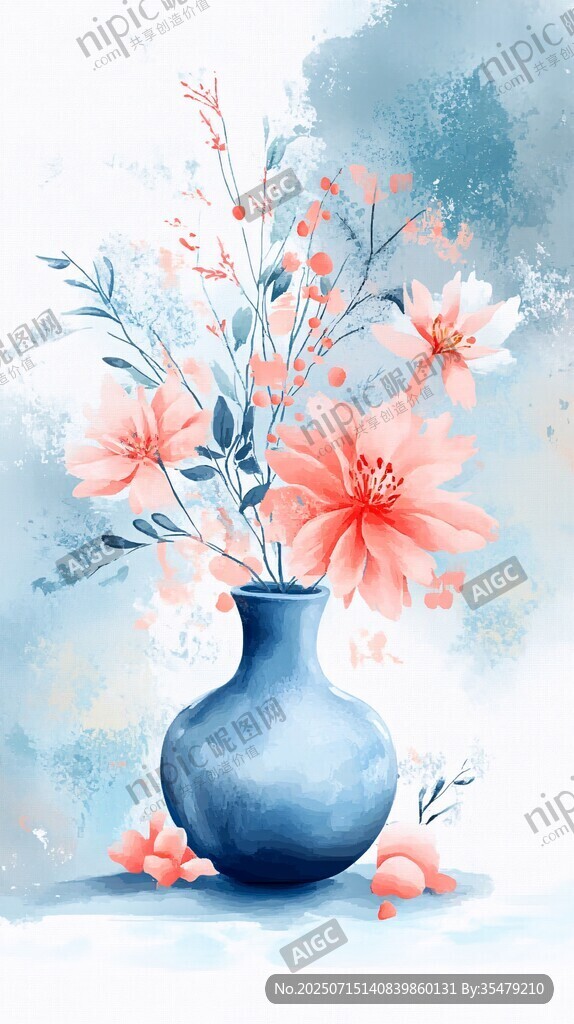 藍(lán)色花瓶中的柔美花卉