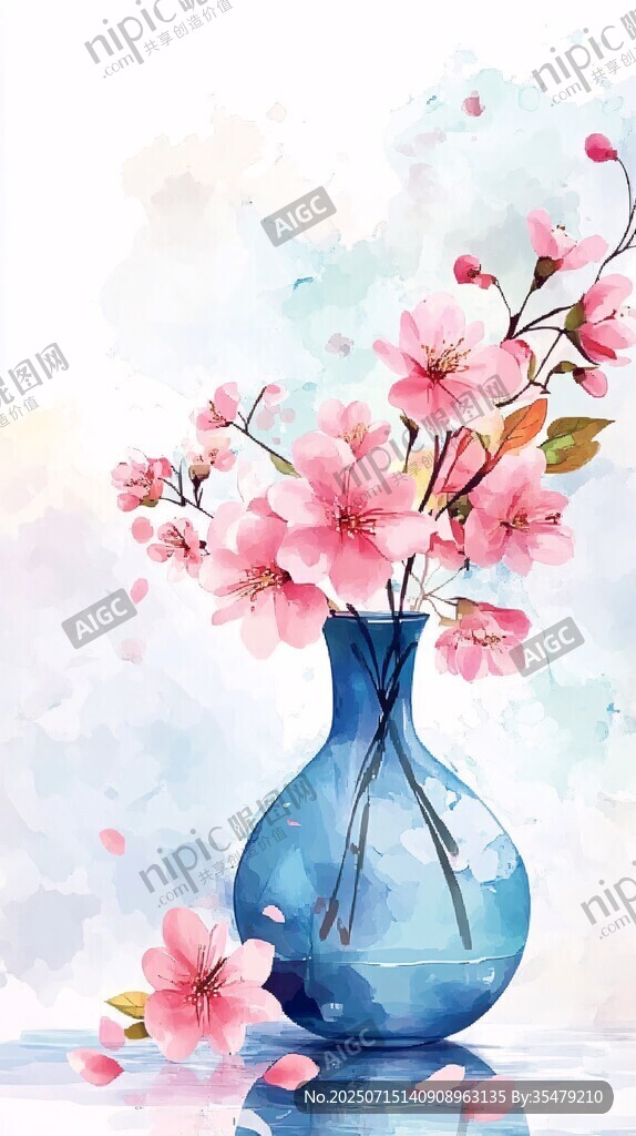 藍(lán)色花瓶中的爛漫櫻花