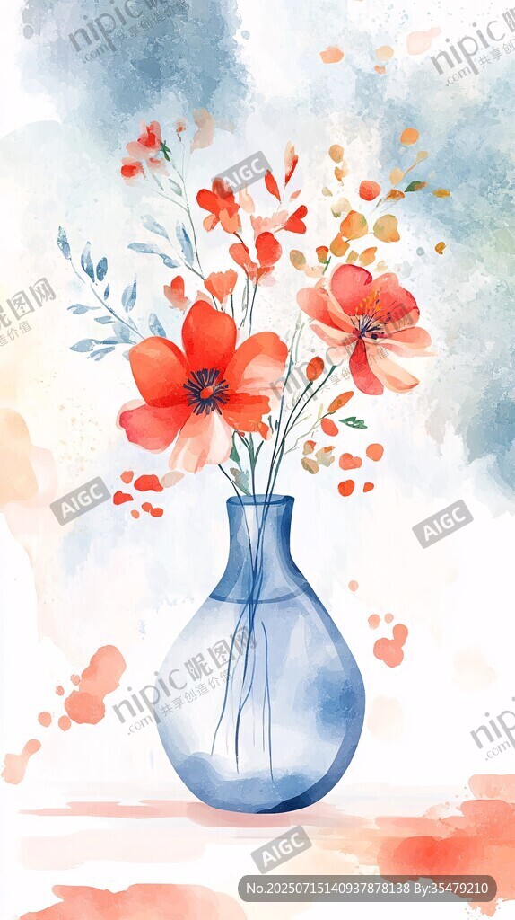 藍(lán)色花瓶中的絢爛花卉