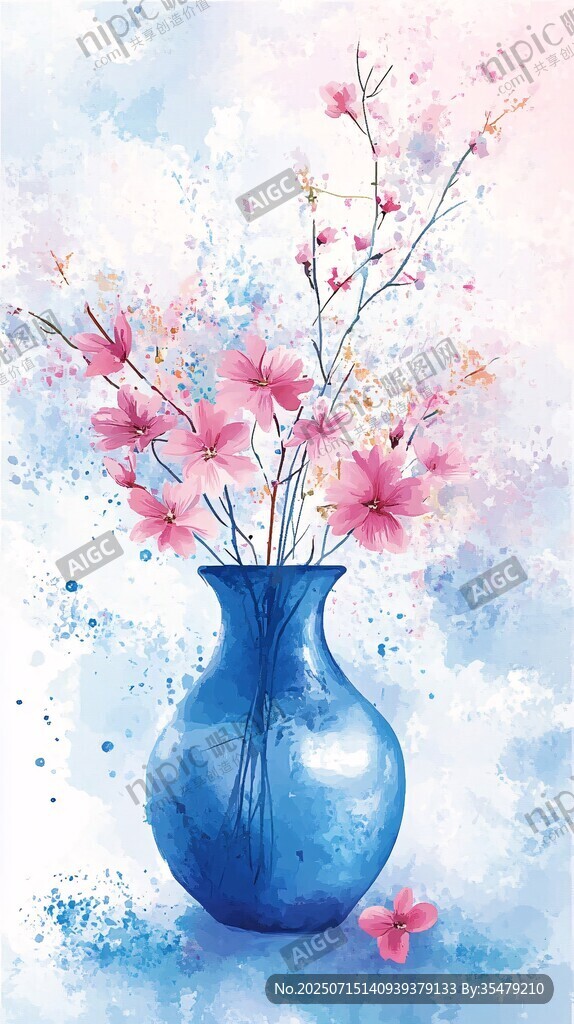 藍色花瓶中的爛漫花枝