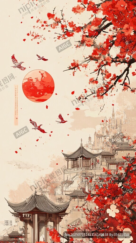古風(fēng)紅梅映月中式美景