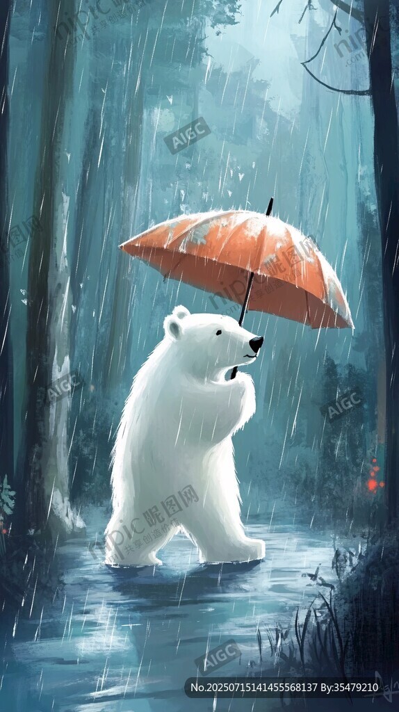 雨中撐傘的可愛北極熊