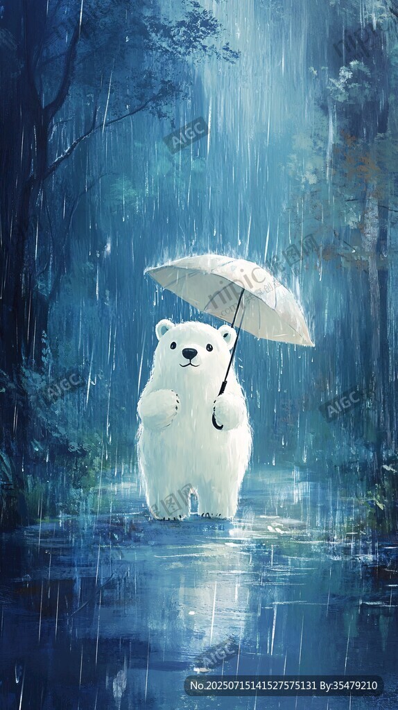 雨中撐傘的北極熊