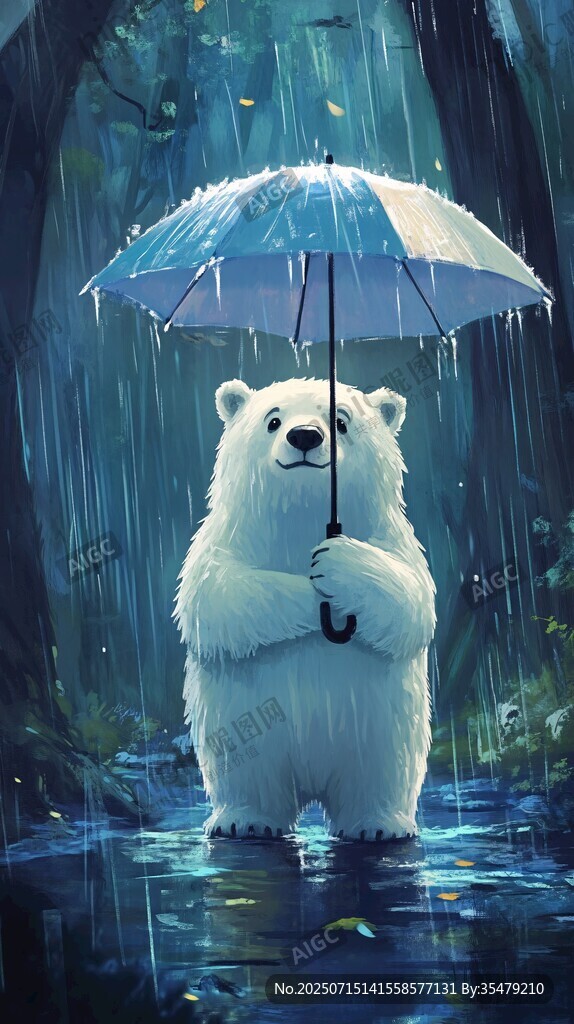 雨中撐傘的北極熊