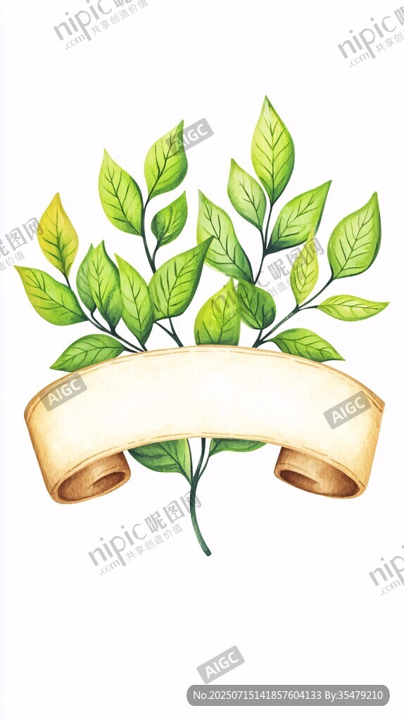 綠葉環(huán)繞的空白卷軸裝飾
